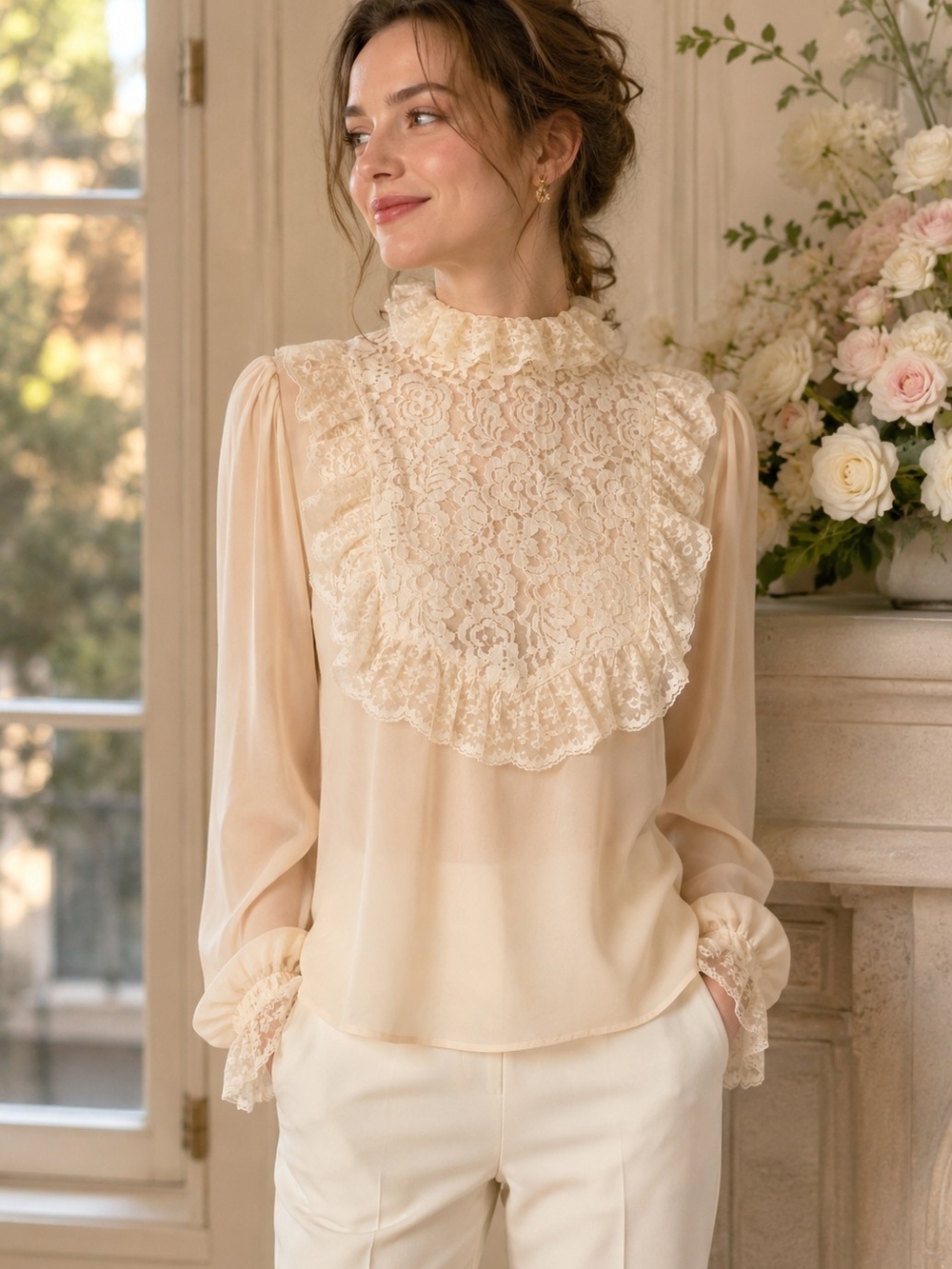 Vintage 70s Lace Blouse Ruffle Victorian Cottagecore Gothic